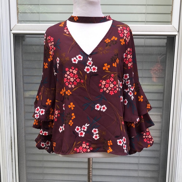 Lipslide Purple Floral Choker Bell Sleeve Top sz M - Picture 1 of 10